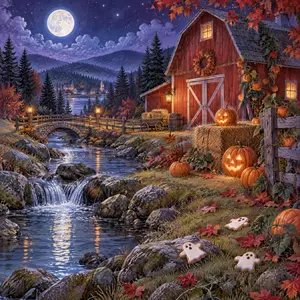 AI-generated illustration of an autumn cabin beside a stream under a full moon