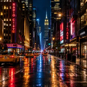AI-generated rainy city street with colorful lights at night