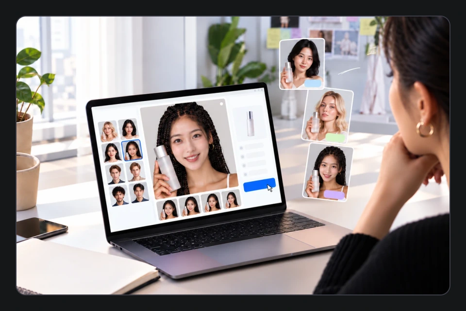 An illustration of reviewing portrait references in a creative workspace