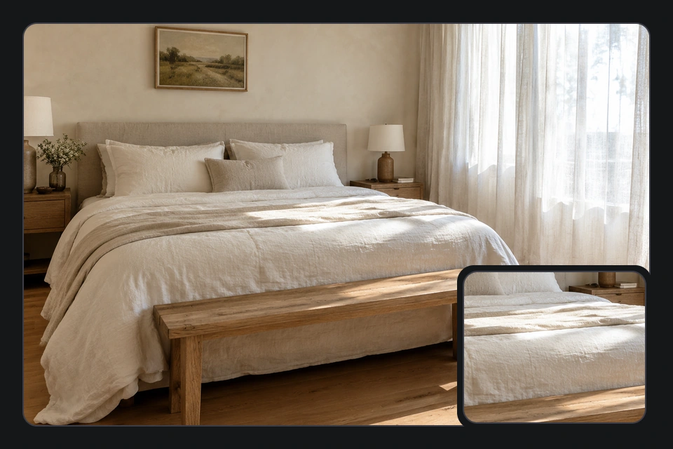 An original bedroom photograph with a bedding-texture detail inset
