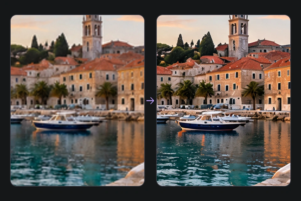 Matching building details in a travel photo before and after upscaling