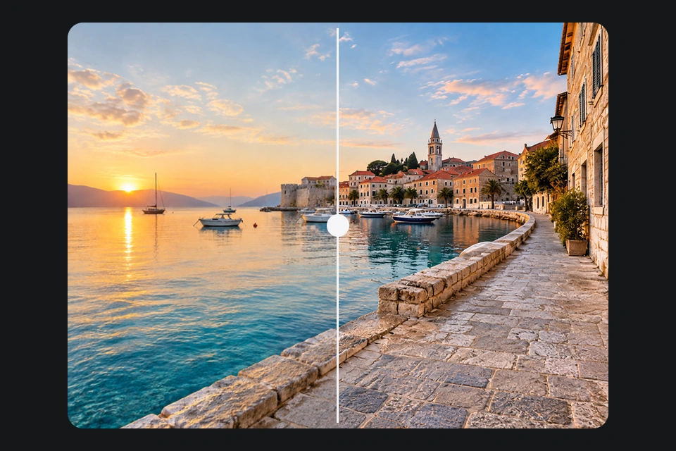 The original and upscaled image with matching proportions and framing