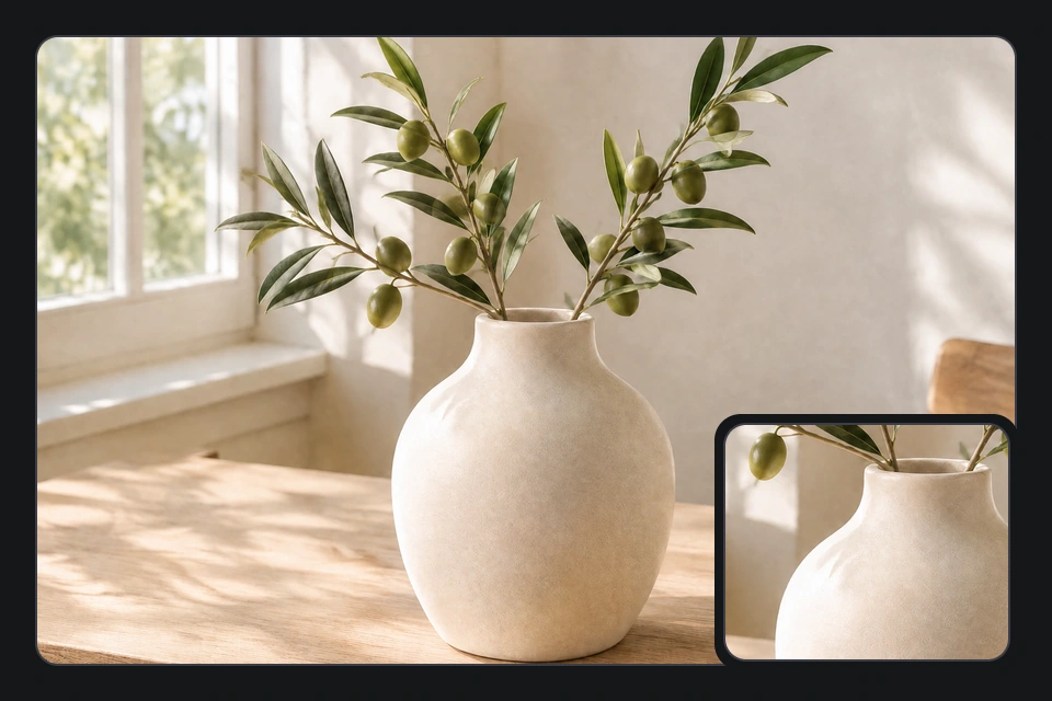 A clean product photograph with a ceramic-texture detail inset