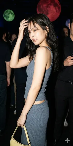 High-contrast fashion shot of Jennie Kim with Y2K aesthetic - Nano Banana Pro AI Prompt for Social Media Post