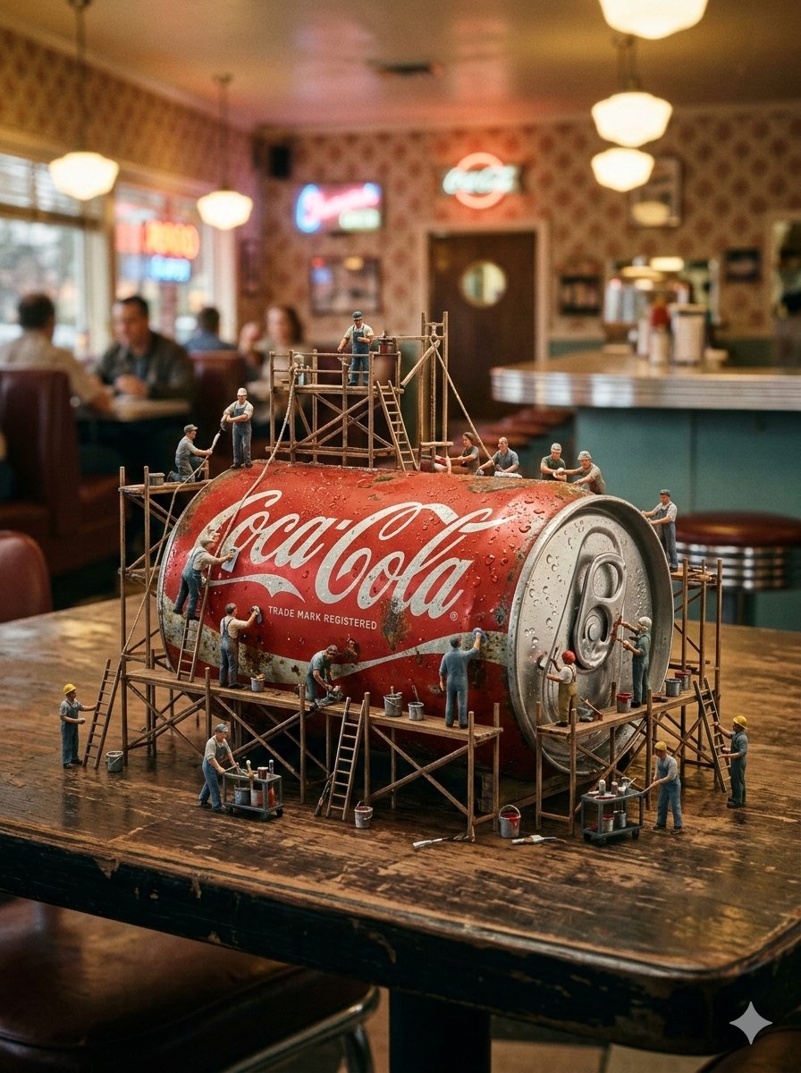 Miniature Industrial Scene on Luxury Products (Coca-Cola & Chanel) - Nano Banana Pro AI Prompt for Product Marketing