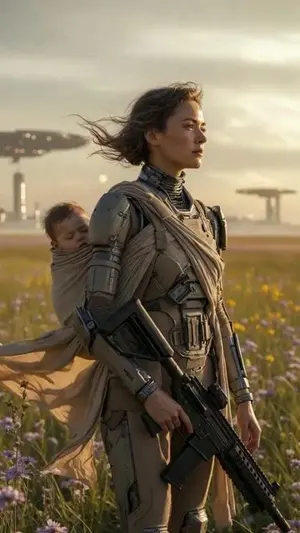 Futuristic Warrior Mother in Flower Field