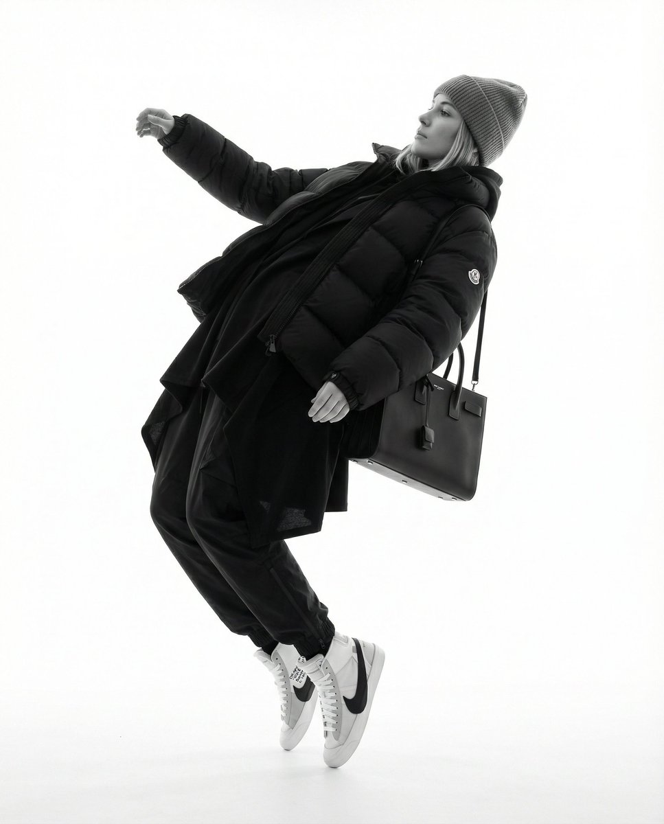 Monochrome Hypebeast Editorial with Airborne Action - Nano Banana Pro AI Prompt for Product Marketing