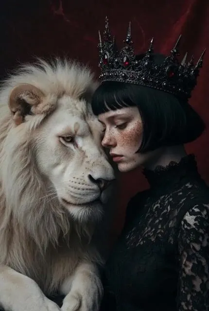 Gothic Woman and Albino Lion Portrait — AI画像プロンプトの例