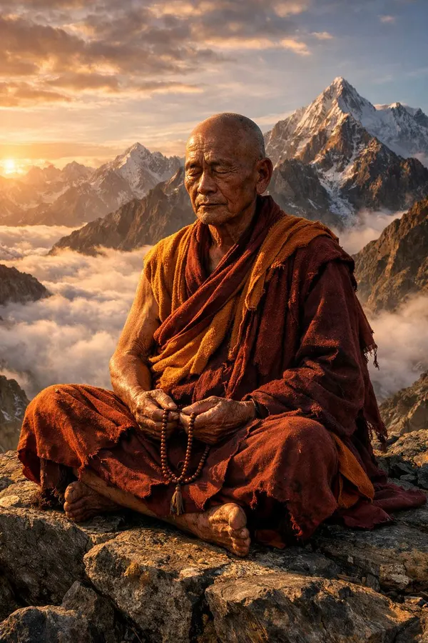 Hyper-Realistic Buddhist Monk Meditation Scene — AI画像プロンプトの例