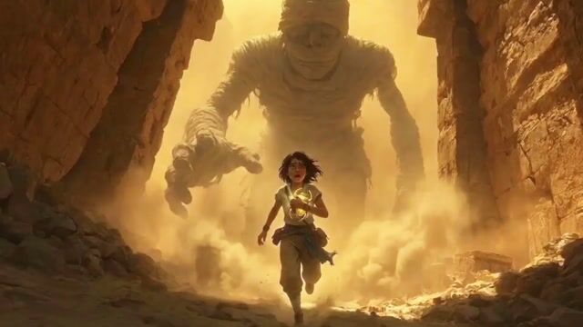 Cinematic Tracking Shot of Explorer Chased by Mummy