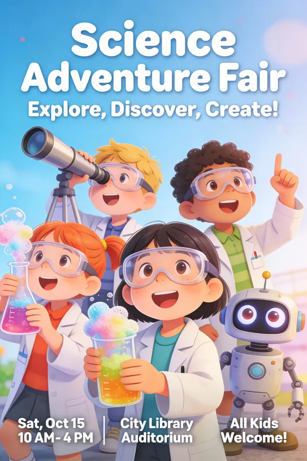 Fun Educational Children's Science Fair Poster — AI画像プロンプトの例