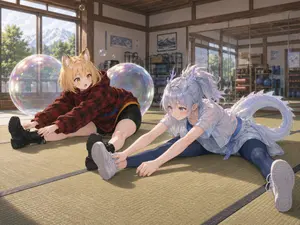 Bubble Dragon and Fox Stretching