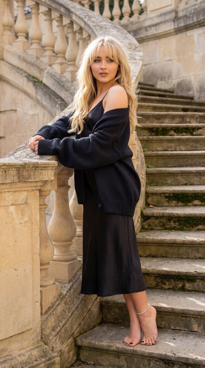 Sabrina Carpenter Neoclassical Stone Staircase Portrait - Nano Banana Pro AI Prompt for Social Media Post