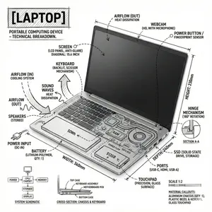 Technical Infographic Overlay on a Laptop Image - Nano Banana Pro AI Prompt for Infographic / Edu Visual