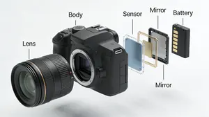 Exploded View DSLR Camera Illustration