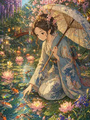 Ghibli Style Princess and Koi Pond