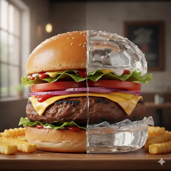 Photorealistic Hamburger Half Glass, Half Normal — AI 이미지 프롬프트 예시