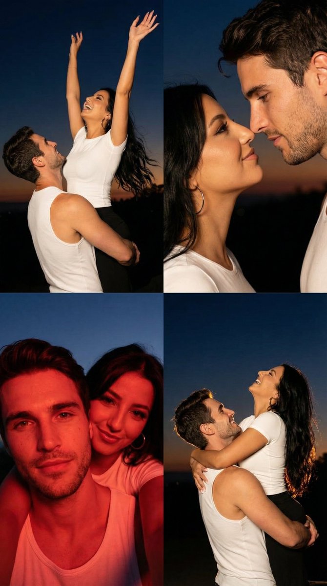 2x2 Grid Cinematic Night Couple Portrait with Identity Lock - Nano Banana Pro AI Prompt for Social Media Post