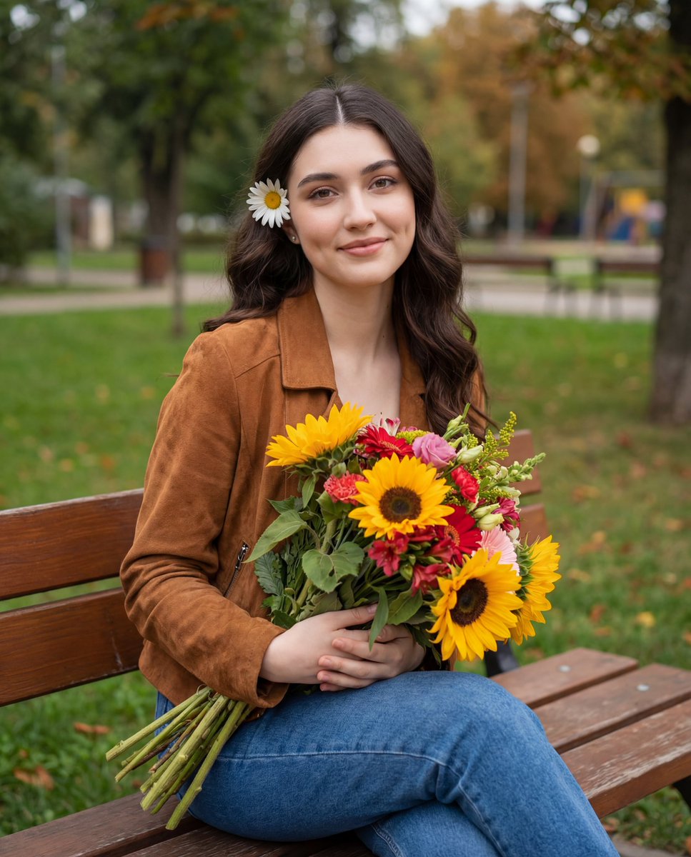 Candid Autumnal Park Portrait with Bouquet - Nano Banana Pro AI Prompt for Social Media Post