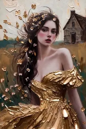 Ethereal Woman in Golden Impasto Gown