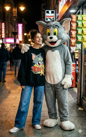Woman and Cat Mascot Street Encounter - Nano Banana Pro AI Prompt for Social Media Post