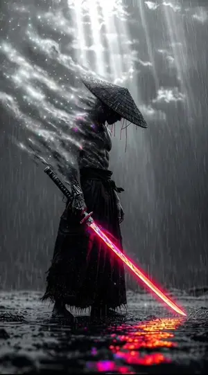 Cybernetic Ronin in Neon Rain (Long Prompt)