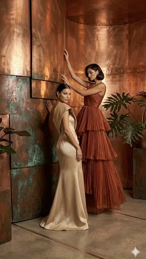 Copper Wall High Fashion Gowns - Nano Banana Pro AI Prompt for Product Marketing