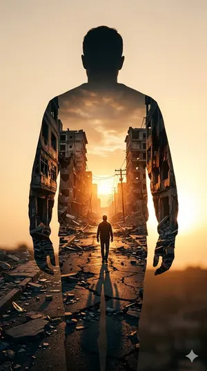 Double Exposure Somber City Silhouette