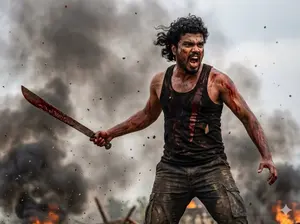 Warrior in Action Pose on Battlefield