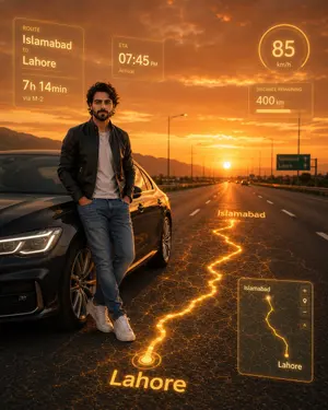 Photorealistic Man with HUD Navigation on Highway