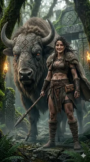 Fantasy Huntress and Ancient Beast