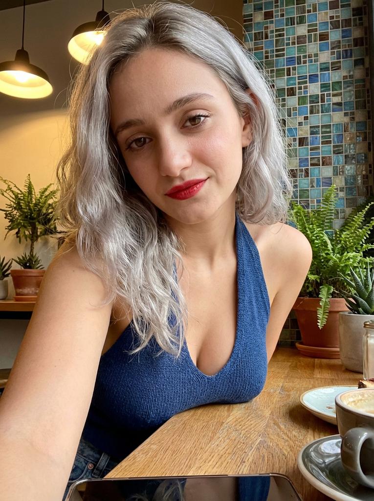 Photorealistic Low-Angle Café Selfie - Nano Banana Pro AI Prompt for Social Media Post