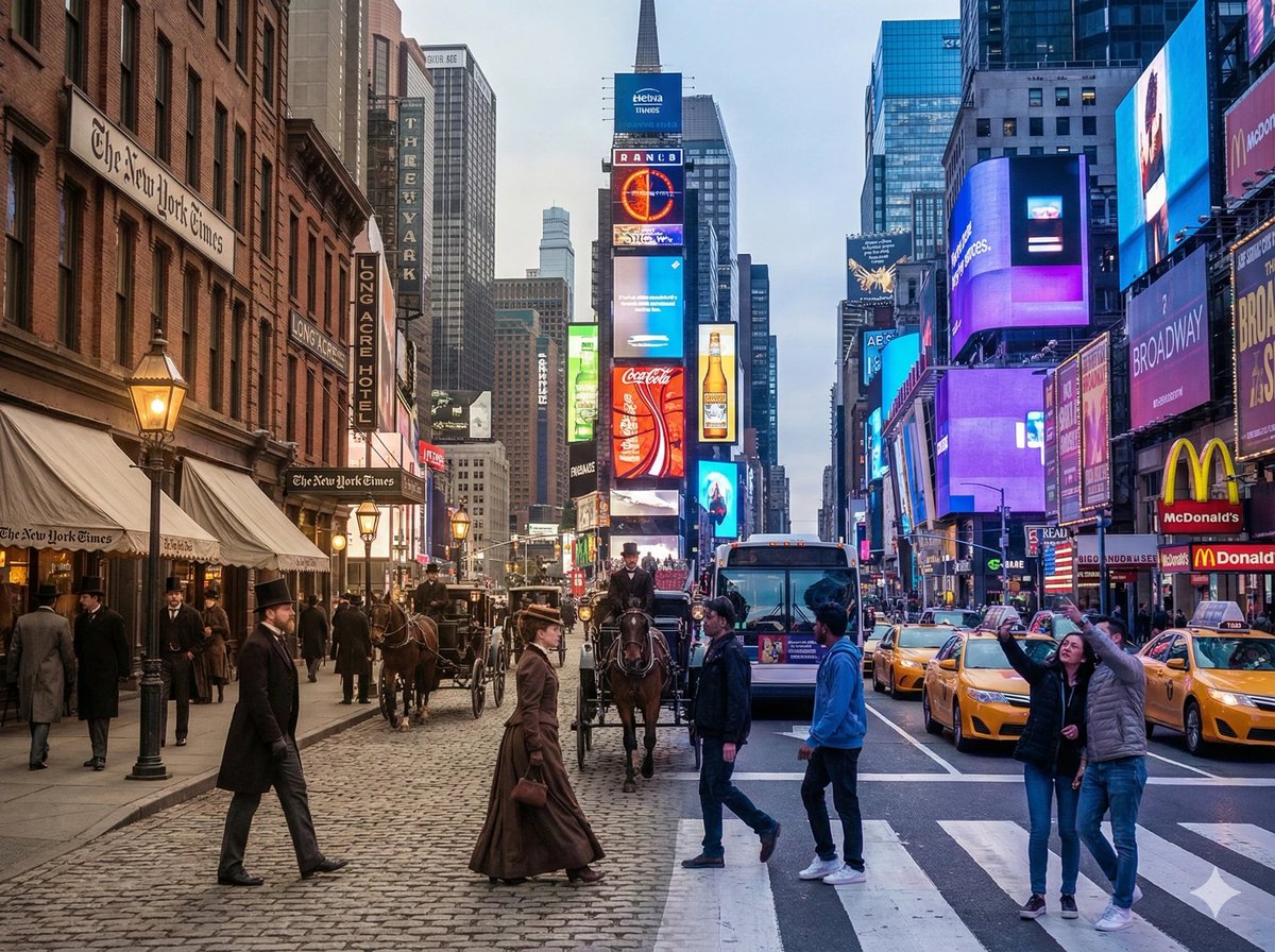Times Square Time-Blend Split-Screen - Nano Banana Pro AI Prompt for Social Media Post