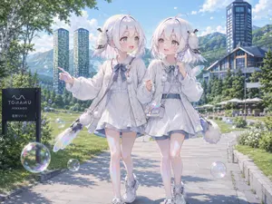 Twin Soap Bubble Birds at Tomamu