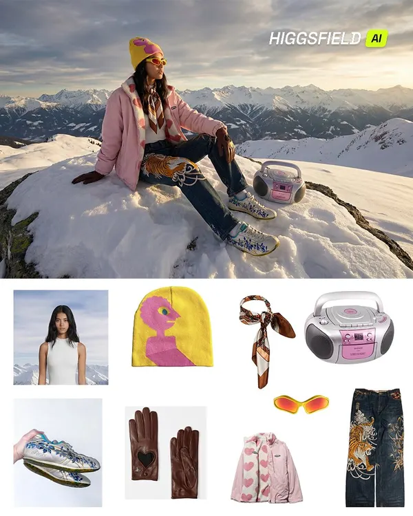 Cinematic Winter Fashion Portrait on a Mountain Peak — AI Image prompt example