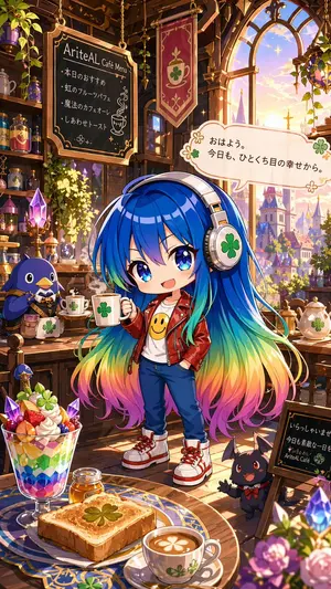Magical Chibi Cafe Mascot at Sunrise