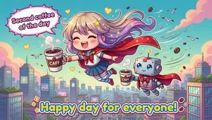 Chibi Anime Hero and Robot Flight
