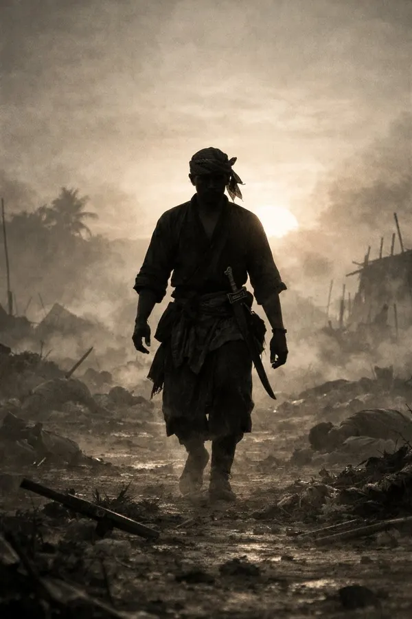 12th-Century Javanese Battlefield at Dawn — AI画像プロンプトの例