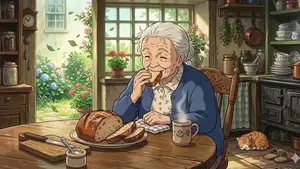 Ghibli Style Elderly Woman Kitchen Scene