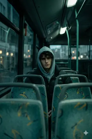 Cinematic Interior Shot of a Man on a Dimly Lit Bus - Nano Banana Pro AI Prompt for Cinematic / Film Still