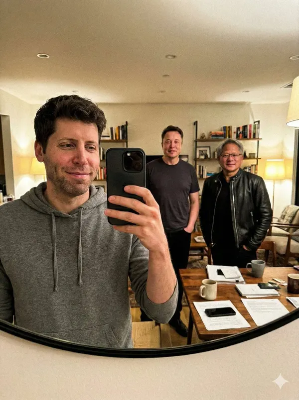 Unfiltered mirror selfie with tech leaders — AI 이미지 프롬프트 예시