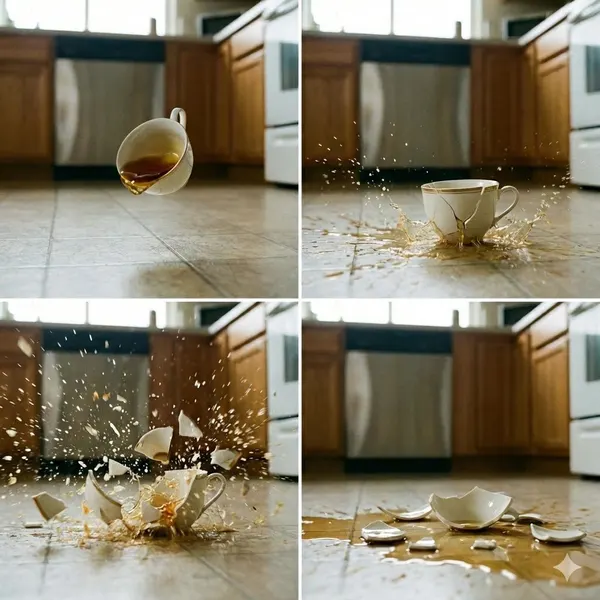 4-Panel Image of a Falling and Breaking Teacup — AI 이미지 프롬프트 예시