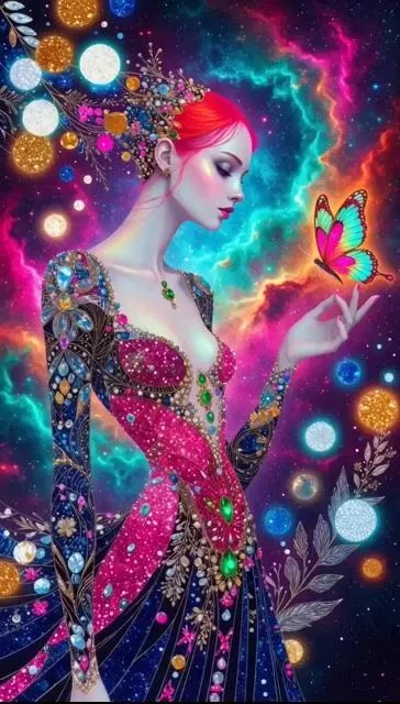 Vibrant Stylized Woman with Butterflies — AI Image prompt example