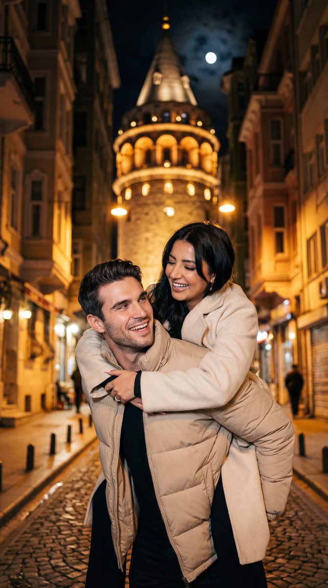 Romantic Nighttime Piggyback in front of Galata Tower - Nano Banana Pro AI Prompt for Social Media Post