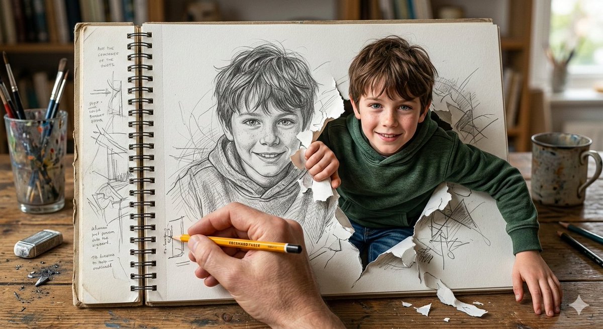 Cinematic 3D Illustration of a Boy Emerging from a Sketchbook - Nano Banana Pro AI Prompt for Illustration
