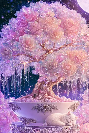 Cosmic Flowering Bonsai with Sleeping Cat