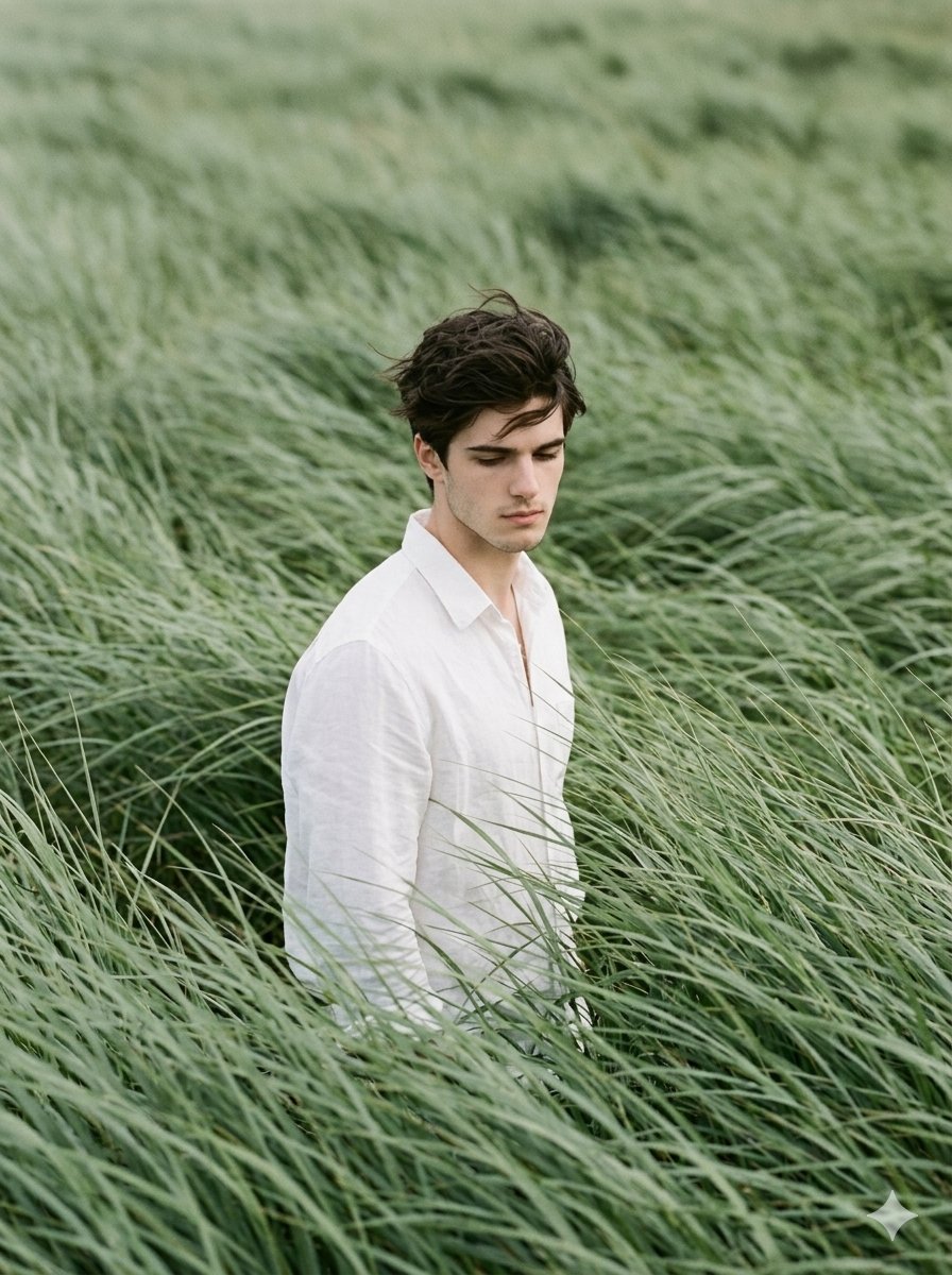 Cinematic Editorial Portrait in Sage Green Grass Fields - Nano Banana Pro AI Prompt for Social Media Post