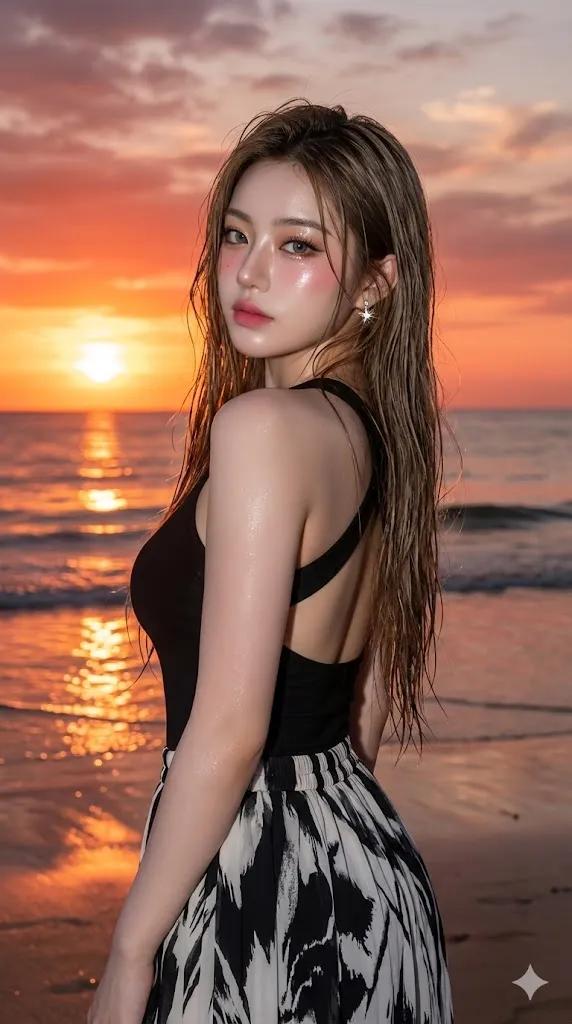 Golden Hour Beach Portrait with Glass Skin Effect - Nano Banana Pro AI Prompt for Social Media Post