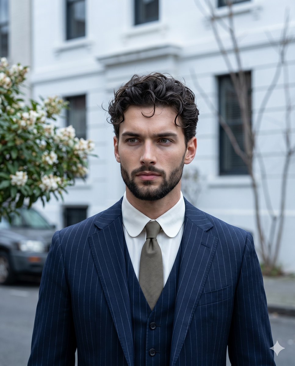 Sophisticated Urban Pinstripe Suit Portrait - Nano Banana Pro AI Prompt for Social Media Post