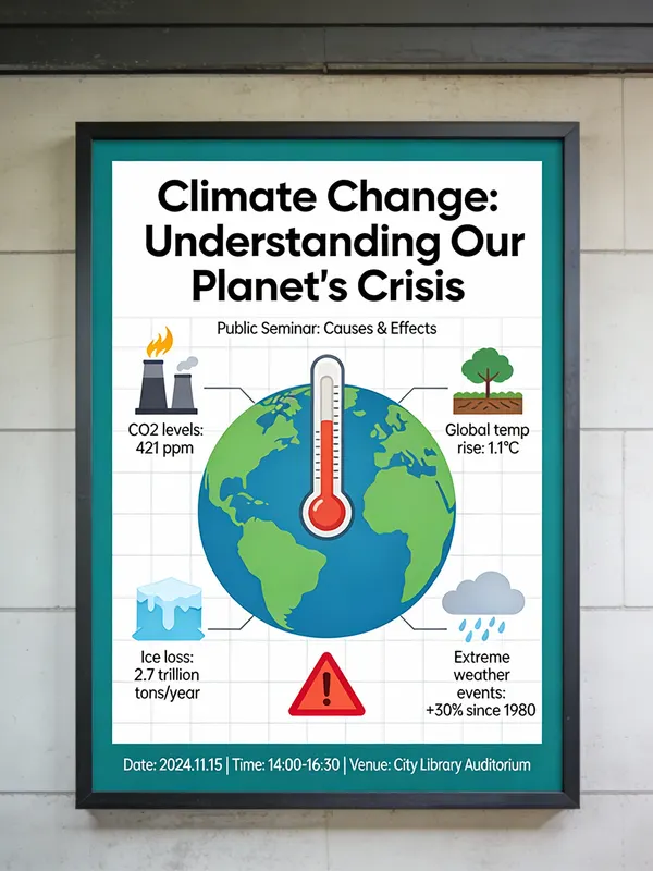 Informative Climate Change Seminar Poster — AI Image prompt example